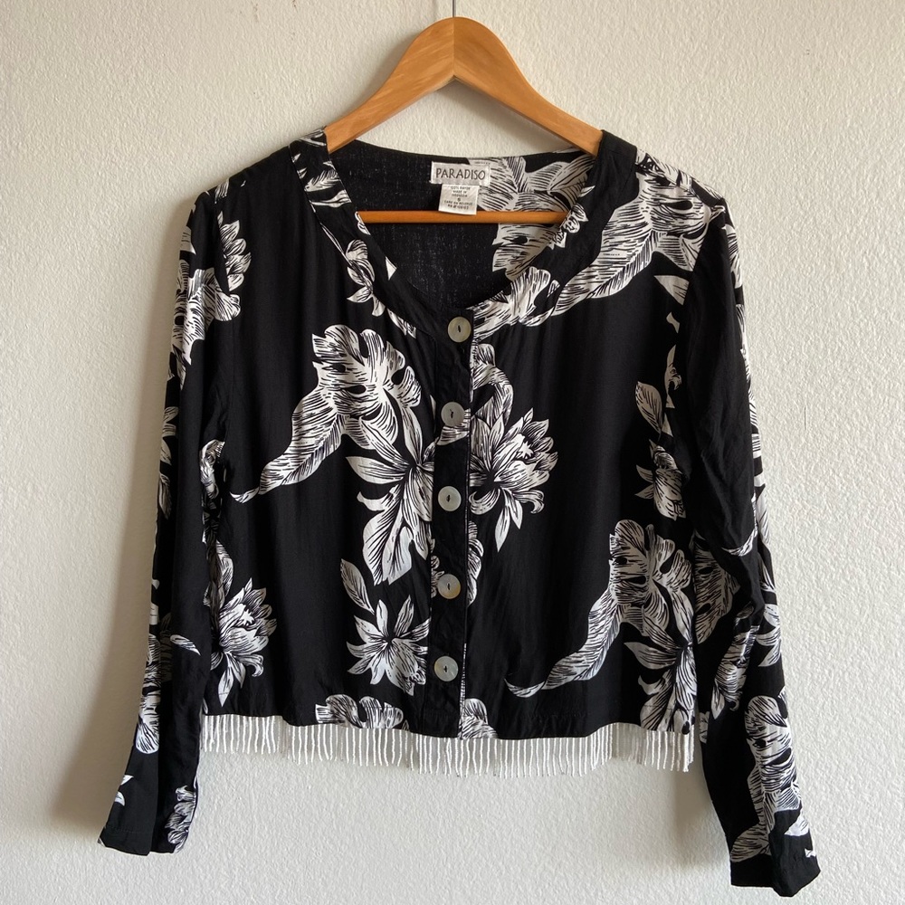 Black and white cropped button front shirt with beaded fringe